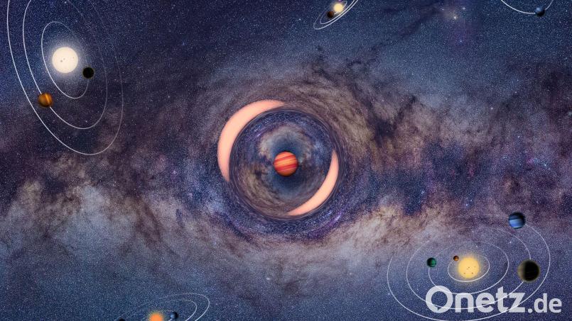Die Illustration zeigt einen frei schwebenden Planeten, der das Licht eines dahinter liegenden Sterns ablenkt - ähnlich wie bei einem Brennglas. Bild: J. Skowron/K. Ulaczyk/OGLE/dpa