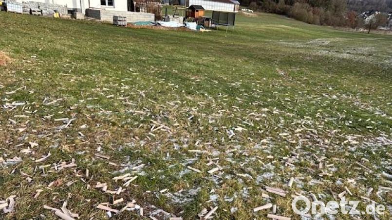 Am Neujahrsmorgen sah es auf der Wiese von Gerald Meyer so aus – er lobte aber die Jugendlichen, die die Feuerwerks-Reste unverzüglich beseitigt haben. Bild: Oberpfalz-Medien