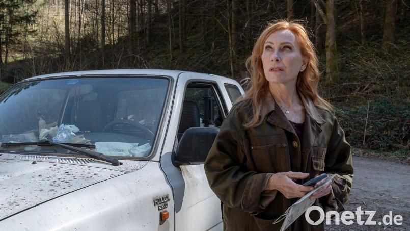 Lou Caspari (Andrea Sawatzki) unterstützt einen Freund, dessen Frau seit einem Gang in den Wald vermisst wird, hier in einer Szene des Krimis „Die Verteidigerin: Der Fall Nicola“. Bild: Britta Krehl/ARD/SWR/Zum Goldenen Lamm/dpa