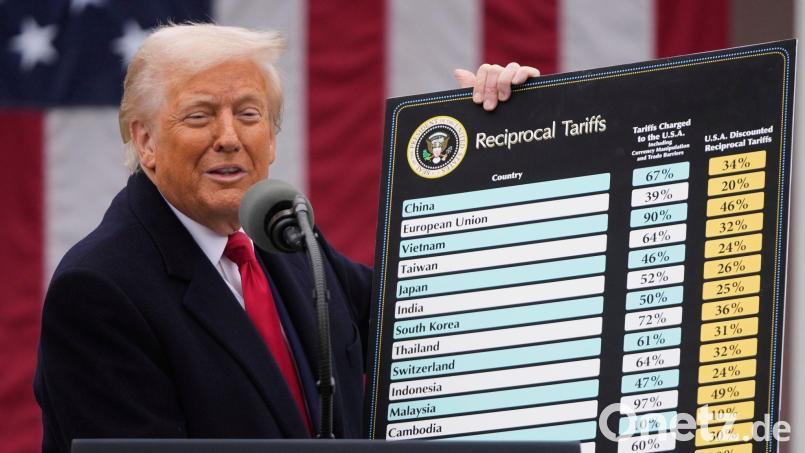 Trump bei der Vorlage seines globalen Zollpakets im April 2025: Ein Abkommen zwischen der EU und den USA hat das Schlimmste verhindert. Bild: Mark Schiefelbein/AP/dpa