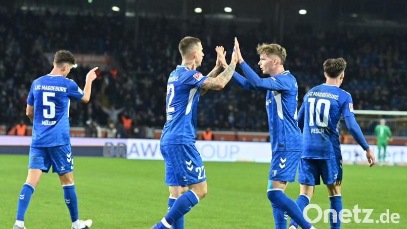 Klare Sache: Magdeburg jubelt in Braunschweig. Bild: Swen Pförtner/dpa