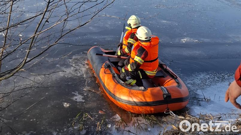 Die Nabburger Feuerwehr rückte mit einem Schlauchboot an, um den vermeintlich festgefrorenen Schwan zu befreien. Bild: Feuerwehr Nabburg/Daniel Irlbacher