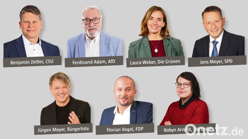 Sieben Bewerber gibt es für das Amt des Oberbürgermeisters in Weiden. Grafik: Oberpfalz-Medien – Bilder (von links): Sebastian Faltenbacher, AfD Kreisverband Weiden, Elisabeth Hütter, Photo Hübner, Photo Hübner, Vogel/privat, Photo Hübner