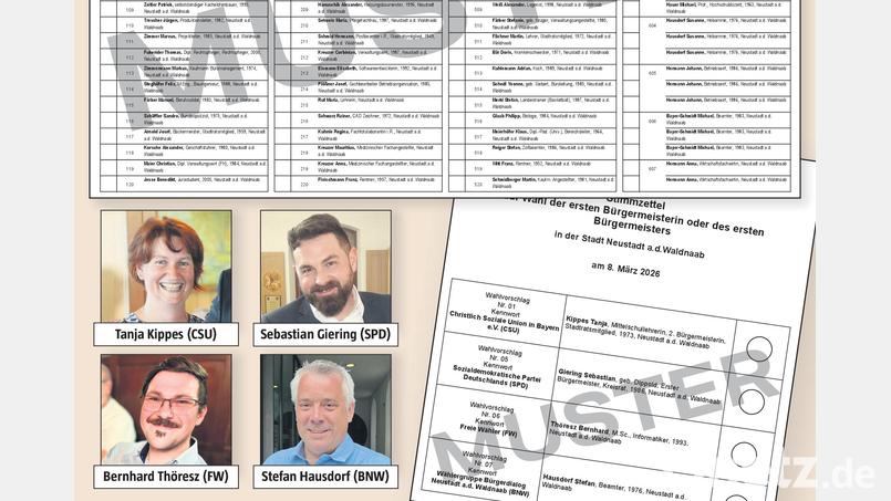 Noch sind die Stimmzettel für die Kommunalwahl in Neustadt/WN nur Entwürfe, die aber bereits mit den Daten der Kandidaten gefüllt sind. Beim Kreuzchen für den Bürgermeister haben die Wähler die Auswahl unter vier Kandidaten. Grafik: Marina Gube; Bilder: Gabi Schönberger (3), Uwe Ibl