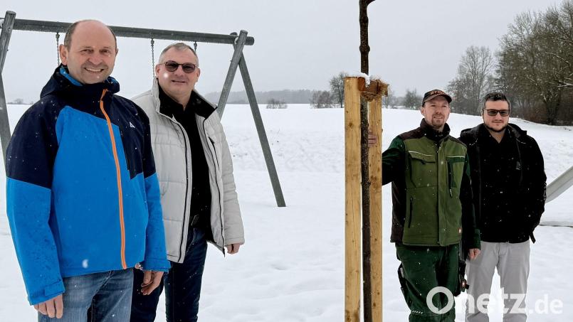 Die Schattenbäume sind gepflanzt. Von links: Bürgermeister Hans Ram, Edeka-Kaufmann Manfred Wiesmeth, Gartenbauer Christian Segerer und Edeka-Kaufmann Bastian Wittmann. Bild: upl