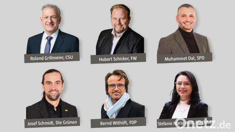 Sechs Personen bewerben sich um das Amt des Landrats von Tirschenreuth. Grafik: Oberpfalz-Medien - Bilder (oben, von links): Bewegter Blick Agentur für Film und Kommunikation GmbH, Wittmann.media,  Fotostudio Hummer Stefan Köstler, Photo Hübner, Christian Gleißner, Die Linke Tirschenreuth.