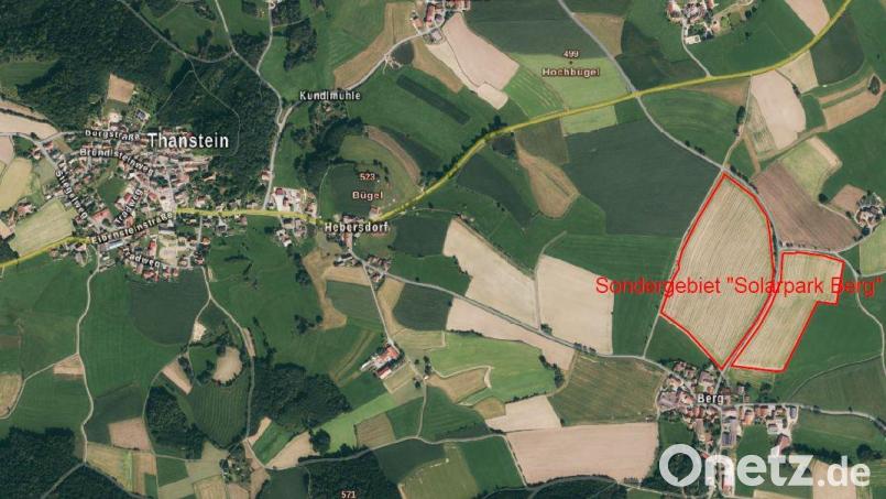 Die Gemeinde Thanstein kann die Änderung des Flächennutzungsplans für den Bebauungsplan „Solarpark Berg“ beantragen. Bild: Blank &amp; Partner - BayernAtlas
