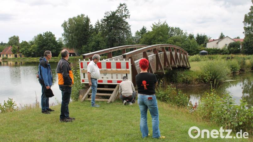 Vom reparaturbedürftigen Zustand des Stegs zur Kiesibeach-Insel machte sich der Bauausschuss Pressath ein Bild. Bis zu einer Generalsanierung im kommenden Jahr sollen die schwerwiegendsten Schäden ausgebessert werden. Bild: Bernhard Piegsa