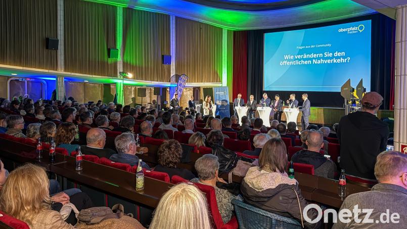 Podiumsdiskussion zur OB-Wahl im Ring-Theater Amberg. Von links: Tuncer Ayten (Amberger Bunt), Hans-Jürgen Bumes (Die Liste/Grüne), Stefan Ott (CSU), Birgit Fruth (SPD), Franz Badura (ÖDP), und Michael Fritz (Freie Wähler). Bild: Petra Hartl