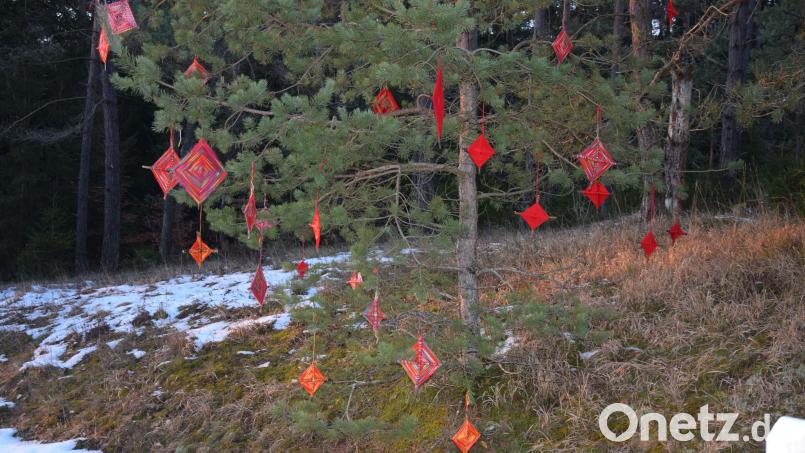 Handgemachte Anhänger in unterschiedlichen Größen hängen in Bäumen am Weg zum Hohenburger Urnenwald. Bild: bö