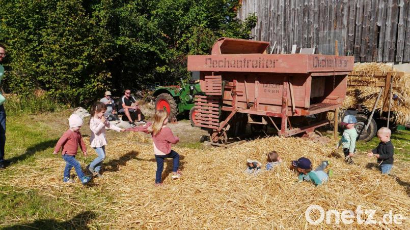 Beim Erntedankfest im Gagglhof ist das Dreschen mit einer alten Dreschmaschine immer ein Highlight. Auch wenn das Stroh piekst, es macht den Kindern richtig Spaß sich auszutoben. Archivbild: Josef Leipold, exb