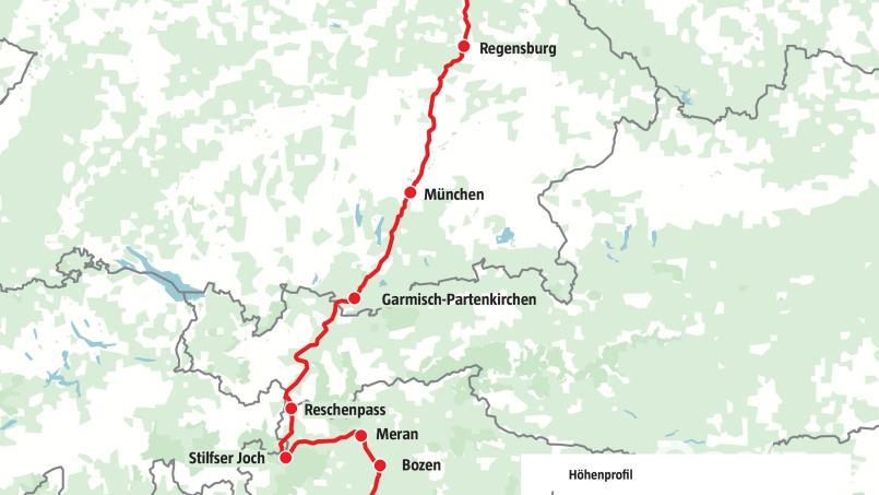 Über 700 Kilometer wollen die Schüler der FOS/BOS mit dem Fahrrad zurücklegen. Dabei müssen sie auch etliche Höhenmeter bewältigen. Grafik: Marco Meier