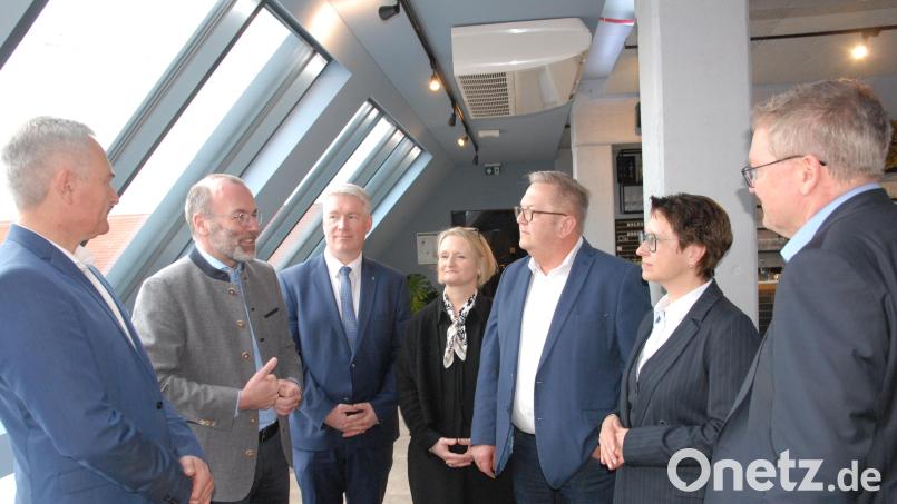 CSU-Politiker diskutieren in Amberg mit Vertreterinnen und Vertretern aus Wirtschaft, Industrie und Dienstleistungssektor (von links): Harald Schwartz, Manfred Weber, Stefan Ott, Susanne Herding, Martin Preuß, Susanne Hierl und Michael Cerny. Bild: pop