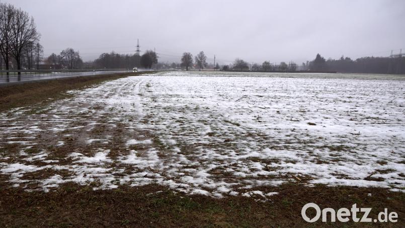 Links führt die Staatsstraße 2177 an dem für den Batteriespeicher vorgesehene Grundstück vorbei. 280 Meter erstreckt es sich noch Richtung Osten. Im Hintergrund liegt das Umspannwerk. Bild: bkr
