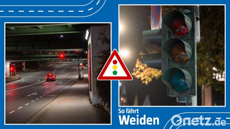 Warum stattet die Stadt die Ampelanlagen im Stadtgebiet nicht mit Sensoren aus, die die Rotphasen nachts verkürzen, fragt ein Leser von Oberpfalz-Medien. An manchen Ampeln stehe man nachts unnötig lange, obwohl keine anderen Autos zu sehen sind. Bildmontage: Marina Gube