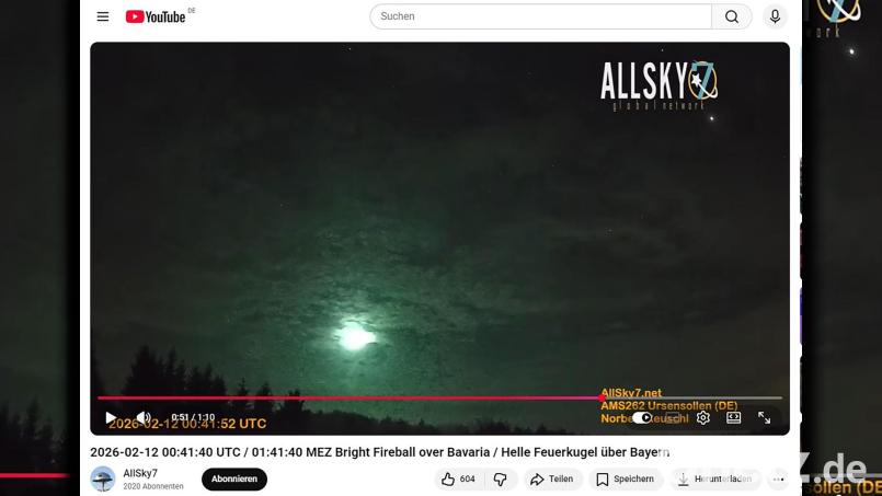 Eine Kamera auf dem Dach des Planetariums Ursensollen hat in der Nacht zum 12. Februar einen Meteoriten gefilmt. Diese Aufnahmen sind zusammen mit weiteren aus dem Netzwerk "Allsky7" bei Youtube abrufbar. Screenshot: youtube.com/@AllSky7Net