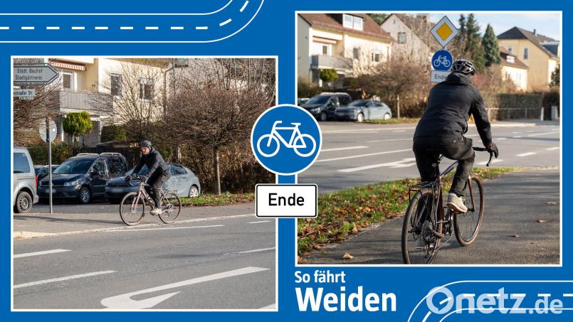 Wer auf der Vohenstraußer Straße mit dem Fahrrad stadtauswärts unterwegs ist, sollte frühzeitig die richtige Straßenseite wählen. Denn auf der Seite des Tüv endet der gemeinsame Rad- und Fußweg in Richtung Vohenstrauß. Bildmontage: Marina Gube