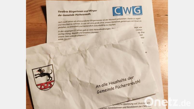 Mit einem Brief verabschiedet sich der Püchersreuther Bürgermeister Rudolf Schopper zwei Wochen vor der Kommunalwahl von den Bürgern. Er tritt nicht mehr als Bürgermeisterkandidat an. Nebenbei wirbt er in dem Schreiben für seine Partei CWG. Bild: ck