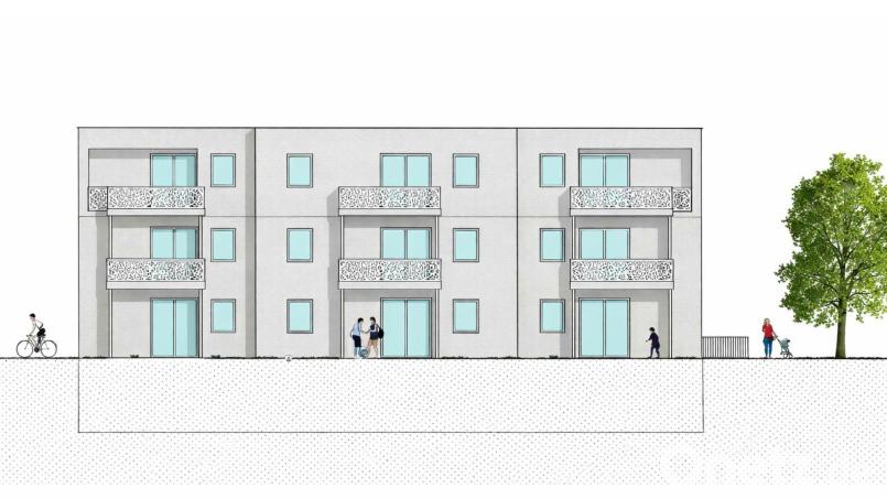 Die Südansicht des Mehrfamilienwohnhauses in zentraler Lage mit keinen weiten Wegen zum Einkaufen, Schule, Kindergarten, Apotheke, Ärztehaus, Kirche. Grafik: Immo-Mac