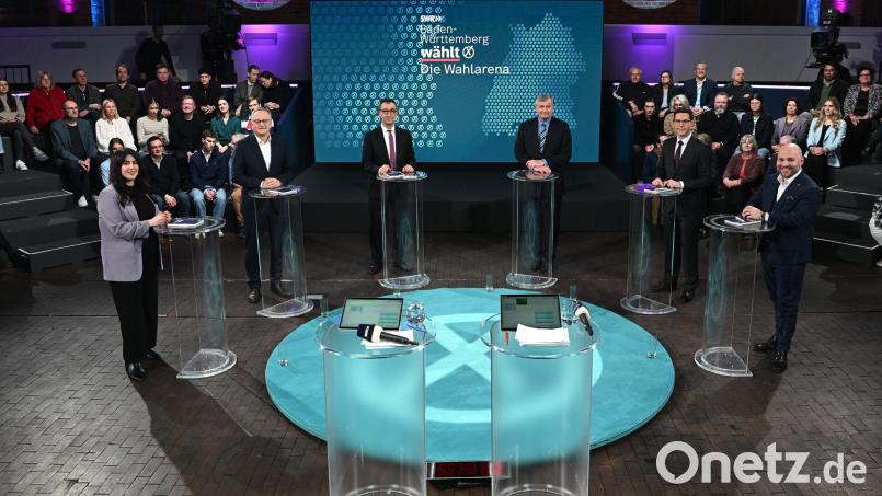 In der SWR-„Wahlarena“ trafen die sechs Spitzenkandidatinnen und Spitzenkandidaten der Parteien mit Aussicht auf Sitze im Landtag aufeinander. Bild: Bernd Weißbrod/dpa