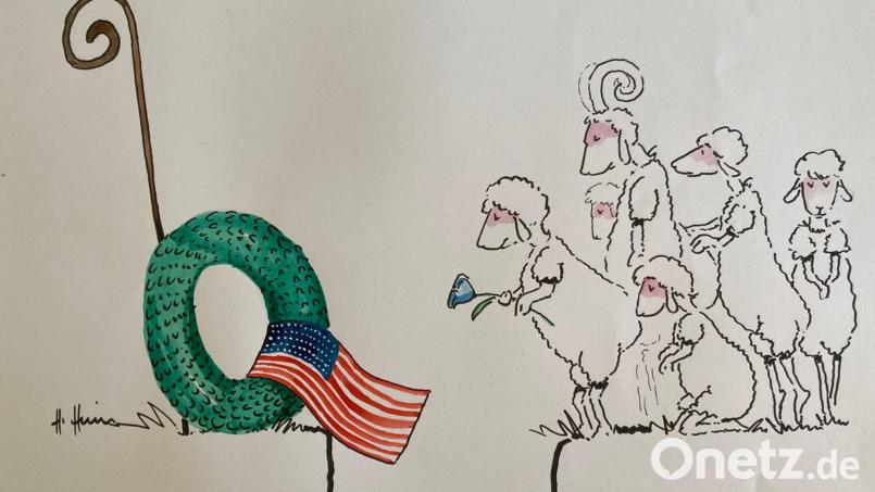 "Abschied vom Hirten" heißt diese Zeichnung, die die Beziehungen zwischen Europa und den USA unter der Regierung Trump thematisiert. Bild: Helme Heine