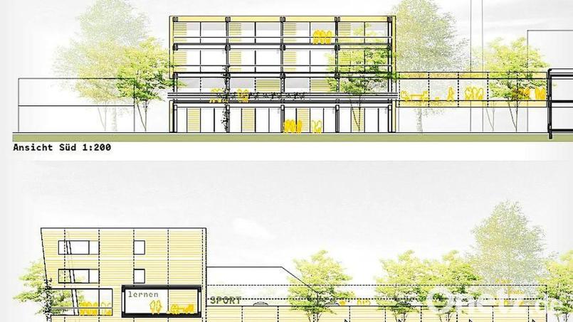 So sollen der Erweiterungsbau und die sanierte Dreifachturnhalle im Marktredwitzer Schulzentrum eines Tages aussehen. Bild: pr