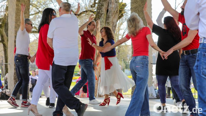 Der internationale „Rueda de Casino“-Flashmob findet in diesem Jahr am 28. März statt. Im Jahr 2025 verwandelten die Tänzerinnen und Tänzer den Pavillon im Englischen Garten im Amberg in eine Show-Bühne. Archivbild: Wolfgang Steinbacher