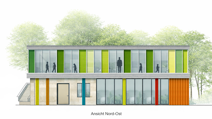 Ein neues zweistöckiges Gebäude soll künftig die Mensa im Erdgeschoss und Räume für die Offene Ganztagsschule im ersten Stock von Grund- und Mittelschule in Neustadt/WN beherbergen. Bild: Binner Architektur