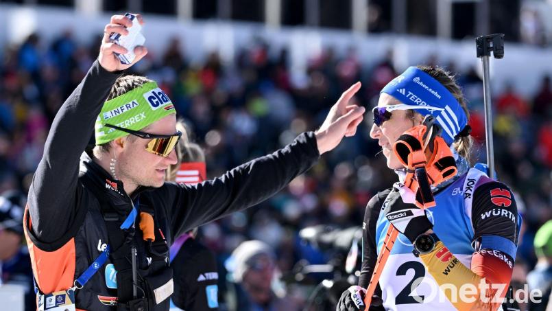 Sverre Olsbu Röiseland und Franziska Preuß bei der vergangenen WM in der Schweiz. (Archivbild) Bild: Martin Schutt/dpa