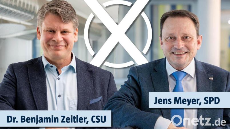Am 22. März kommt es zur Stichwahl zwischen Amtsinhaber Jens Meyer und Benjamin Zeitler. Nach dem deutlichen Ergebnis für den CSU-Kandidaten im ersten Wahlgang geht er als klarer Favorit ins Rennen. Bildmontage: Franka Eichl