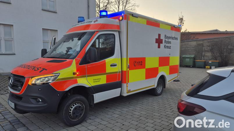 Der Rettungsdienst steht am Mittwoch im Hof des Amtsgerichts Schwandorf. Die 23-jährige Angeklagte im Prozess um Tierquälerei an Pferden ist wegen gesundheitlichen Problemen ins Krankenhaus gebracht worden. Bild: Hösamer