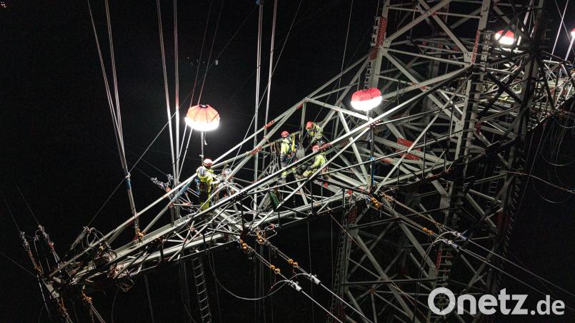 Der Bau des neuen Ostbayernrings schreitet voran. Um das Tal der Waldnaab sowie die parallel verlaufende Bahnstrecke bei Windischeschenbach sicher zu queren, musste in Nachtarbeit an den Masten entlang der A93 ein besonderes Schutznetz gezogen werden. Bild: CTeam Leitungsbau
