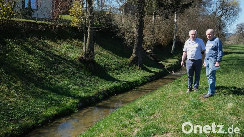 Laurenz Lorenz (rechts) und sein Nachbar Wolfgang Schart (links) stehen an der Böschung, die vom Wasser unterspült worden war und nachgegeben hatte. Der Auerbach fließt idyllisch vorbei. Doch in Zeiten der Schneeschmelze tritt er über die Ufer. Bild: Hirsch