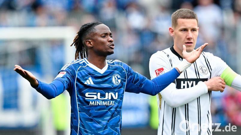 Schalkes Moussa Ndiaye (l) reagiert fassungslos auf seinen Platzverweis. Bild: Uwe Anspach/dpa