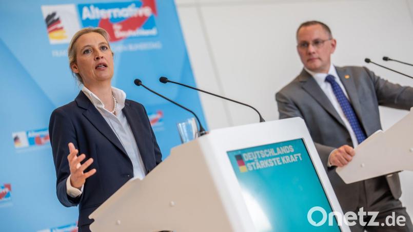 Die AfD von Alice Weidel und Tino Chrupalla hat in jüngsten Umfragen klar die Nase vorn. (Archivbild) Bild: Michael Kappeler/dpa