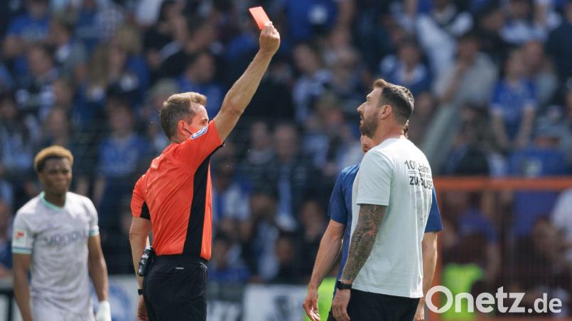 Rot nach dem Schlusspfiff: Tobias Stieler bestraft den Trainer Mitch Kniat für eine provokante Aussage. Bild: Friso Gentsch/dpa