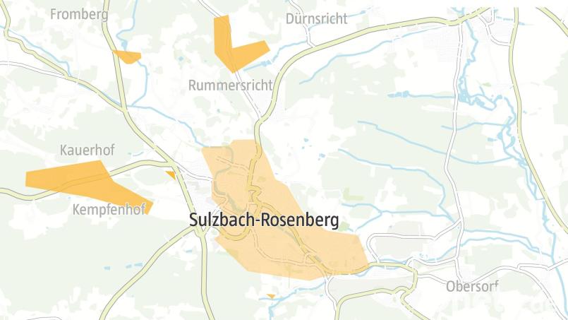 Die Telekom hat grob die Flächen markiert, wo in Sulzbach-Rosenberg sie eigenwirtschaftlich und gefördert Glasfaser ausbaut. Ziel ist, bis Ende 2027 fertig zu sein. Grafik: Franka Eichl