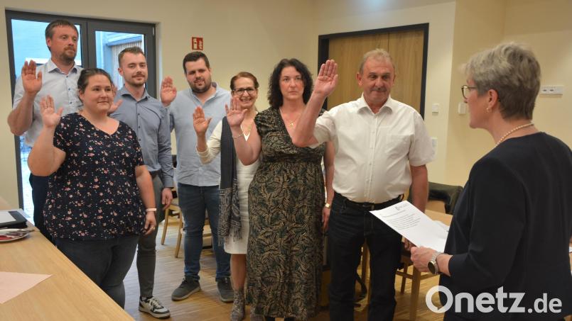 Bürgermeisterin Marion Höcht (rechts) vereidigte sieben neue Gemeinderäte, (von links) Christopher Moller, Verena Schieder, Tristan Hagspiel, Michael Ruland junior, Petra Schwingshandl, Marina Luttels und Volkmar Sirtl. Bild: jr