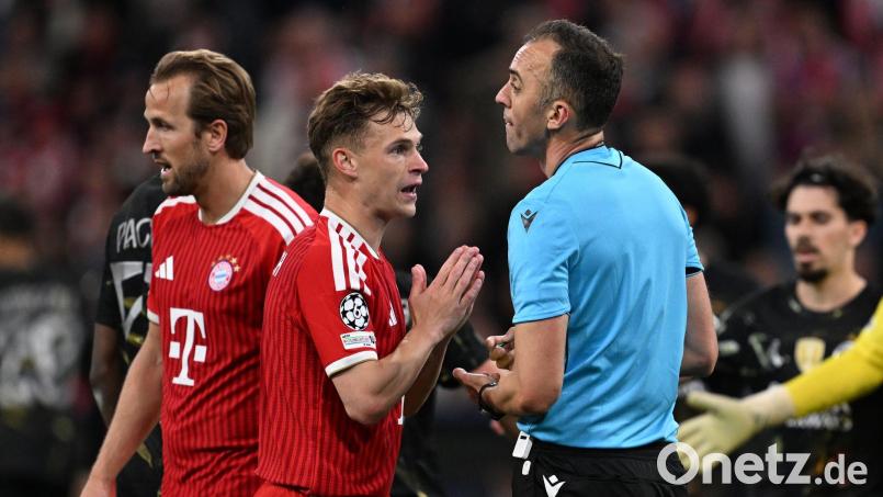 Am Mittwochabend keine Freunde: Joshua Kimmich reklamiert bei Schiedsrichter Joao Pinheiro. Bild: Sven Hoppe/dpa
