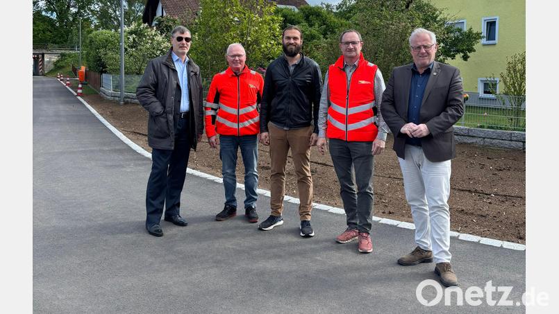 Reinhard Schade, Günter Kraus, Maximilian Zugschwert, Stefan Trettenbach und Oberbürgermeister Andreas Feller (von links) überzeugen sich von der abgeschlossenen Neugestaltung der Höflarner Straße. Bild: Daniel Weigl, Stadt Schwandorf