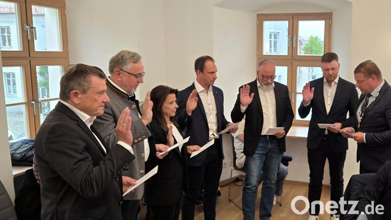 Bürgermeister Stefan Grillmeier (stehend, rechts) vereidigte zu Beginn der Sitzung die sechs neuen Mitglieder des Stadtrats. Bild: lnz
