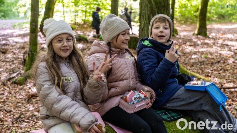 Waldluft macht hungrig: Drei Kinder genießen auf einem der typischen Steinwald-Felsen ihre Brotzeit mitten im Wald. Bild: Roland Wellenhoefer