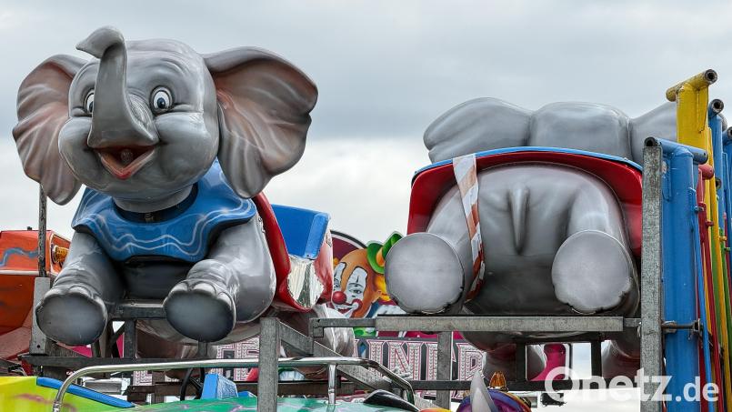 Dumbo, der Elefant, ist schon eingeflogen.Bald heben so manche Dultbesucher ab, wenn sie in die Fahrgeschäfte steigen. Bild: Stephan Huber