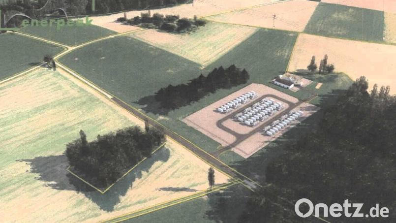 Wie auf der Visualisierung der Firma Enerpeak könnte die Batteriespeicher-Anlage an der Straße nach Rannahof einmal aussehen. Bild: tra