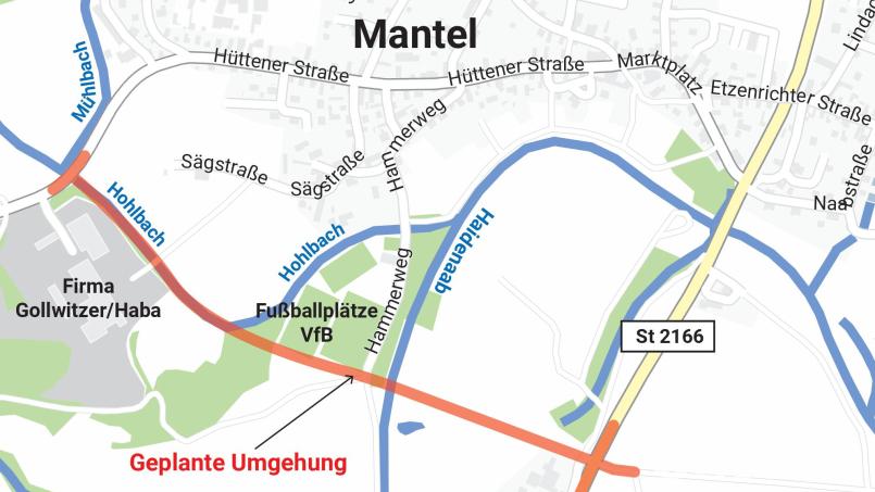 Die geplante Ortsumgehung zweigt an einem neuen Kreisverkehr von der Hüttener Straße ab, führt durch die Haidenaab-Aue an den Plätzen des VfB Mantel vorbei, überquert zwei neue Brücken und mündet dann in die Staatsstraße 2166. Grafik: Laura Fröhler