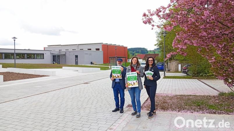 Günther Erhardt und Elisabeth Waldeck, beide vom Projektmanagement der Öko-Modell-Region Steinwald, mit Bürgermeisterin Margit Bayer bei der Präsentation des Veranstaltungsortes für die 4. Bio-Meile der Steinwald-Allianz zwischen der neuen Kirche Sankt Sebastian und der Jobst-vom-Brandt-Schule. Bild: fpoz