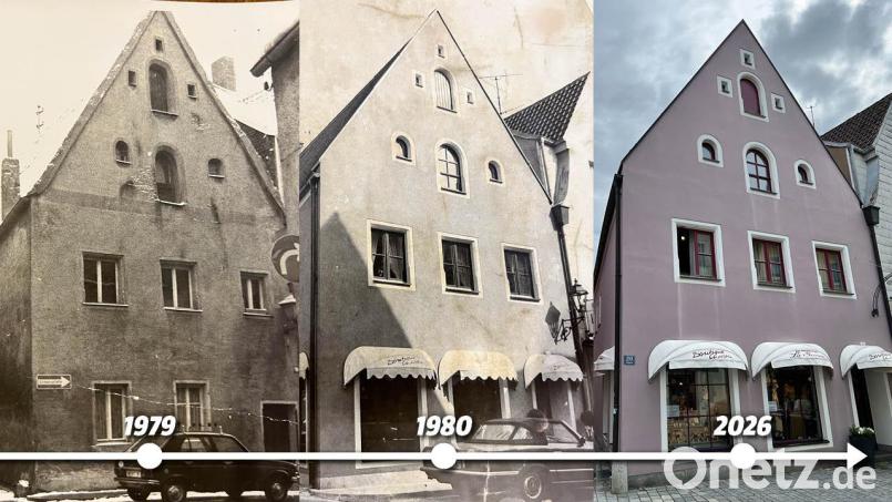Christine und Giovanni Ferrandino eröffneten 1980 ihre "Boutique Christin" in der Weidener Altstadt. Im Jahr zuvor war das Gebäude abgerissen worden und anschließend maßstabsgetreu wieder aufgebaut. Bild: Christine Ferrandino/ Rudi Bonkoß/ Theresa Kotz; Grafik: Franka Eichl