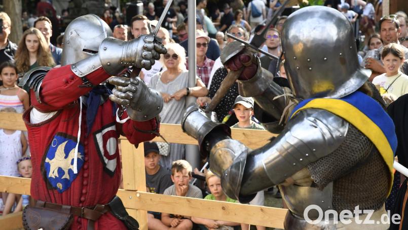 Mittelalter satt: Das ist vom 7. bis 9. August beim Brunnenfest in Amberg geboten. Und dazu gehört auch ein Schaukampf von Rittern zu Ehren des Brautpaares, Kurprinz Philipp und Margarete von Bayern-Landshut. Bild: Petra Hartl
