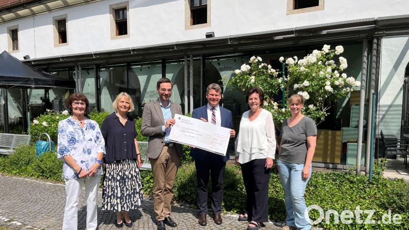 Strahlende Gesichter bei der Spendenübergabe: Pro-Libris-Vorsitzender Stephan Oetzinger (Dritter von links) übergibt zusammen mit Waltraud Koller-Girke, Ruth Neumann, Anne Brünnig und Katja Sauermann einen symbolischen Scheck über 25.000 Euro an Oberbürgermeister Benjamin Zeitler, damit die Stadt neue Medien für die Regionalbibliothek anschaffen kann. Bild: vv