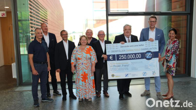 Martin Wunnike (von links), Professor Dr. Dr. Peter Proff, Professor Dr. Selim Corbacioglu, Alexandra Wolf, Armin Wolf, Dr. Elmar Baumer, Dr. Dr. Frank Wohl, Markus Blume und Dr. Cosima Rücker freuten sich über die Spende als Baustein der Finanzierung des geplanten Forschungszentrums. Bild: Burkhard von Grafenstein